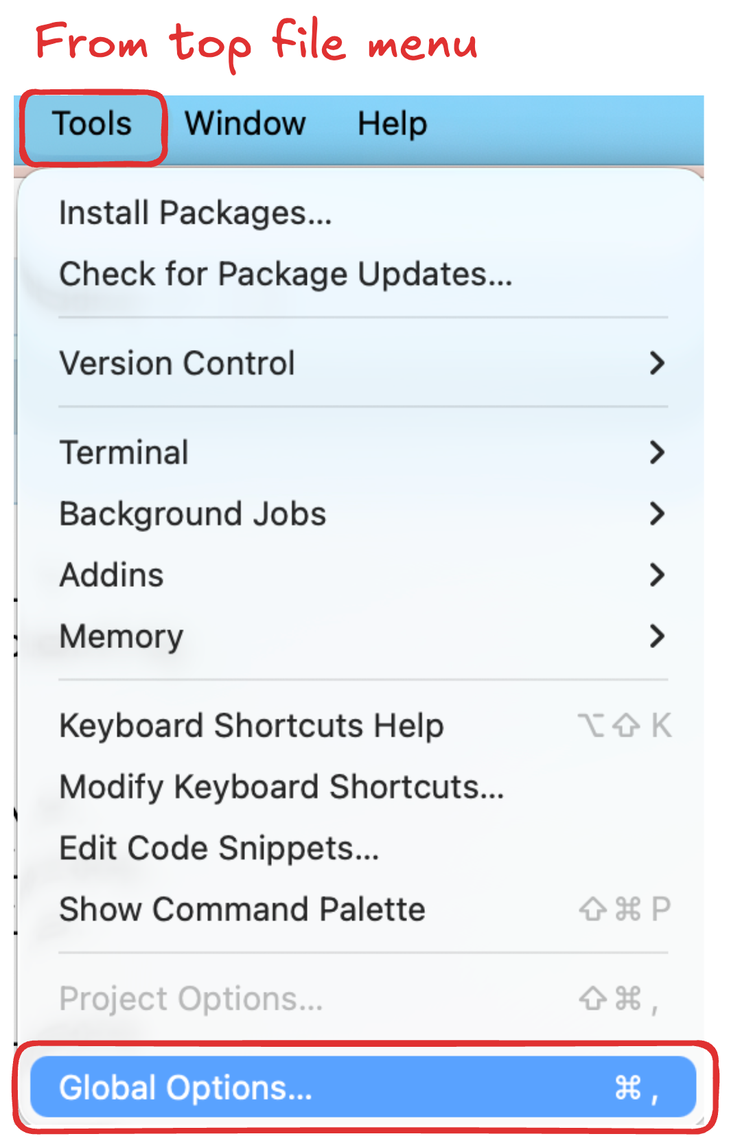 A screenshot of the menu that appears when you click on 'Tools' from the top menu of RStudio. At the bottom of the menu that appears, 'Global Options' is highlighted in red and blue indicating this is the option you want to select.