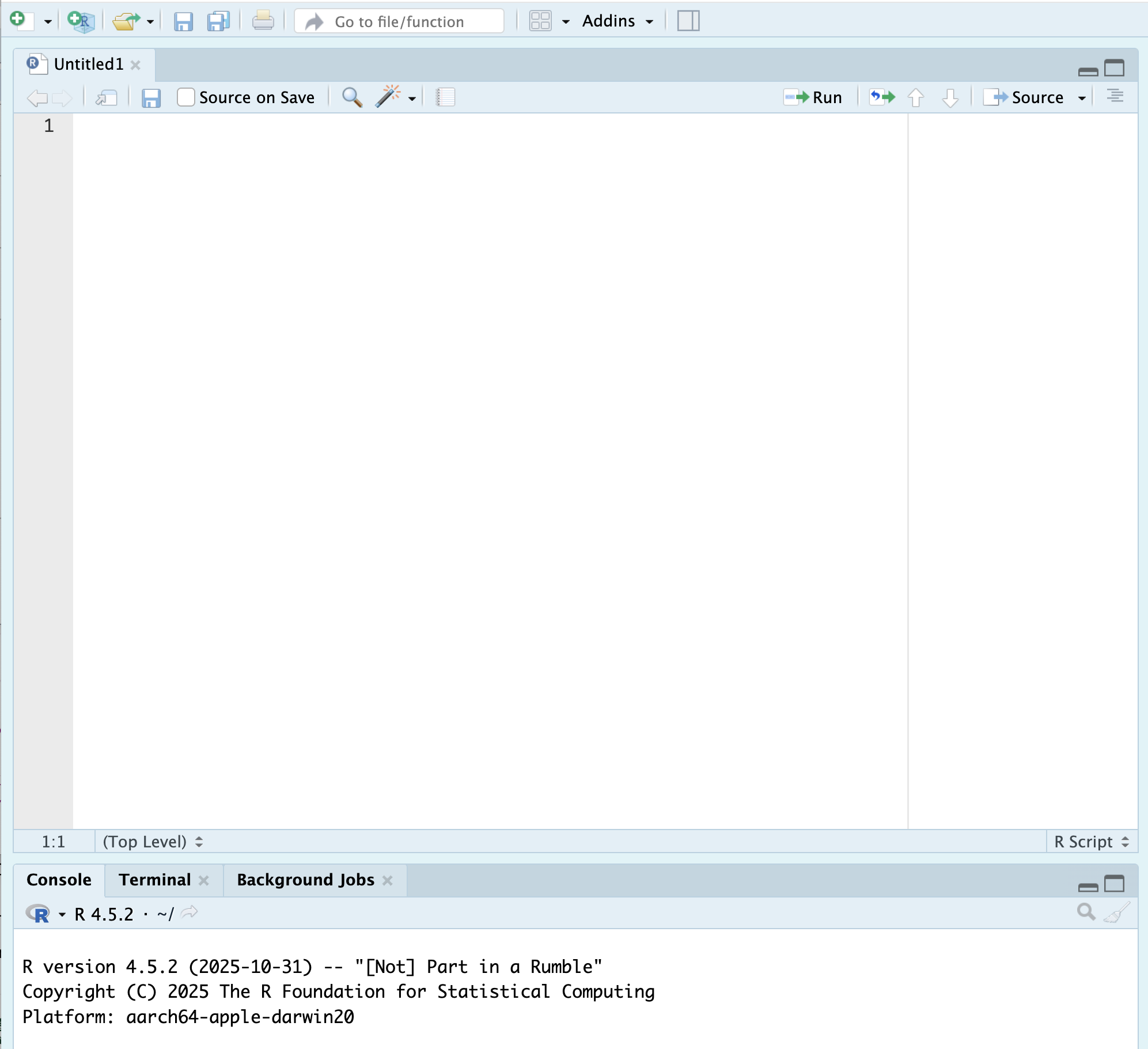 A screenshot of a blank R script. In the top left corner, you can read the file name 'Untitled1'. Immediately below this, there are a few icons, a floppy disk (for saving the file), a check box saying 'Source on Save', a magnifying glass, and a magical wand. On the right hand side there are two other icons, Run (to run a line of code) and Source.
