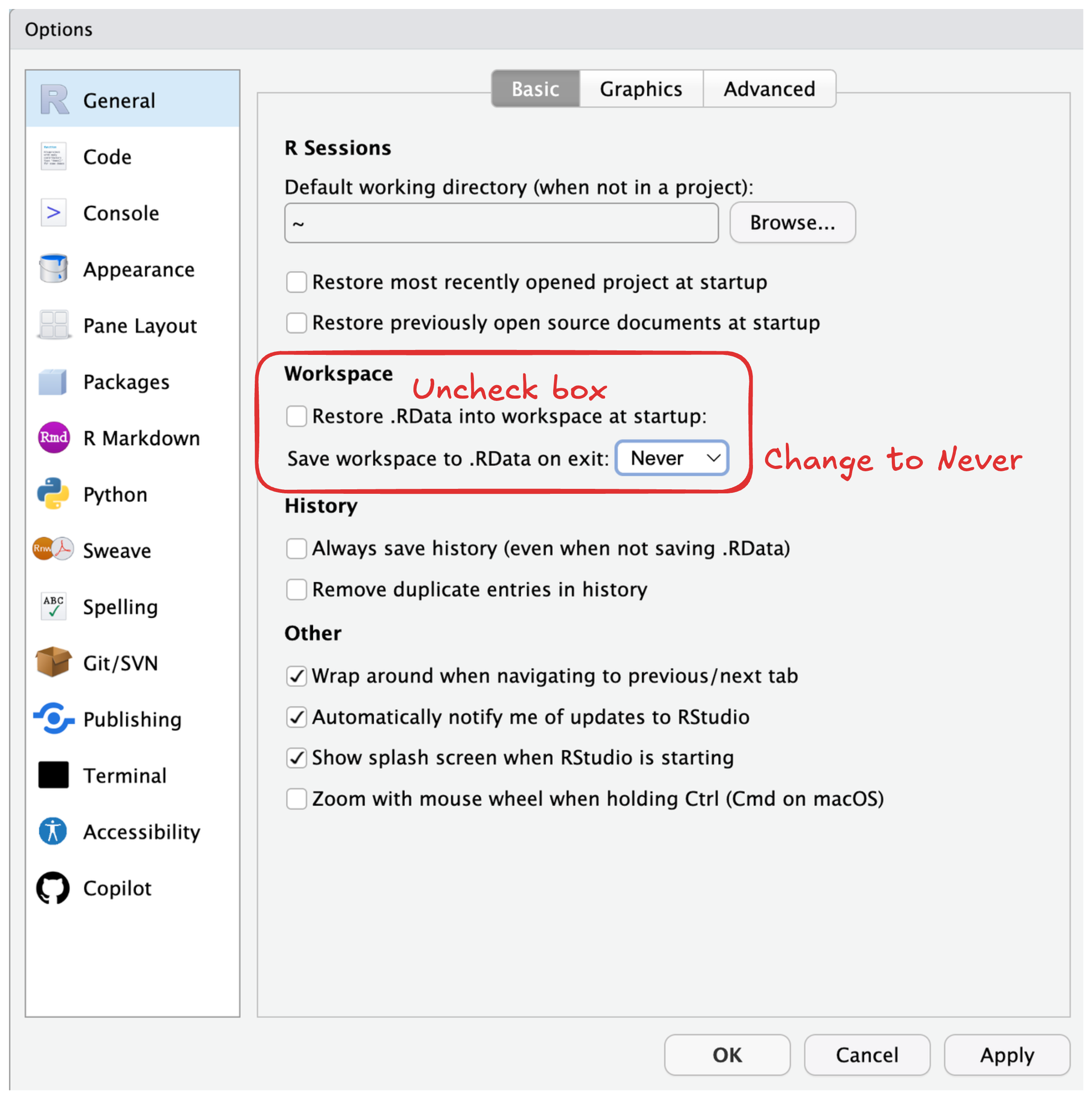 A screenshot of the popup window that appears after you select 'Global Options' from the previous menu. The popup window has A LOT of options, but there is a red box outlining the section we need to focus on. Under 'Workspace' there is a checkbox next to a line that says 'Restore .RData'. This box should be unchecked. The next line says 'Save workspace to .RData on exit.'. Next to this line there is a dropdown menu with three options: Always, Never, Ask. We need to change this option to 'Never'. Once these options have been modified, click on 'OK' to exit.
